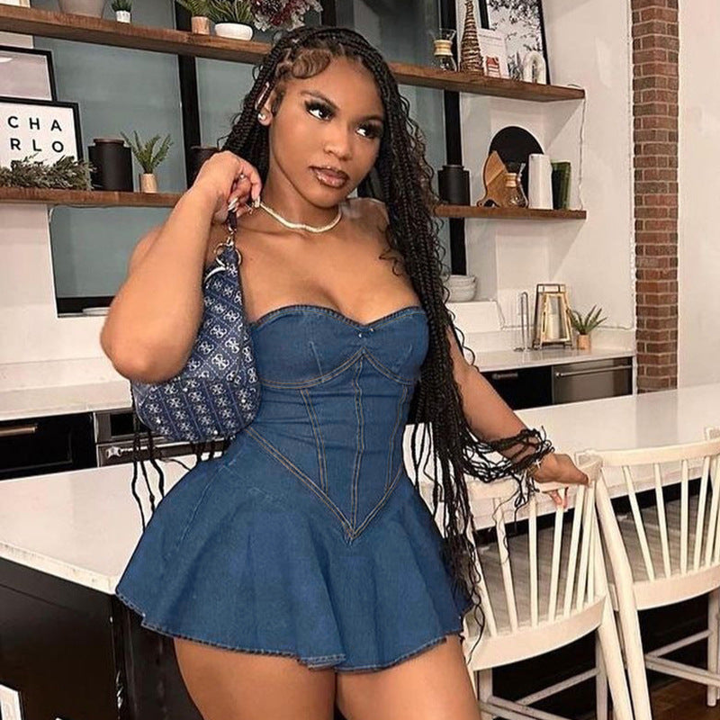 Women's Y2K Backless Tube Denim Dress – Slim Fit Summer Casual Mini Dress with Strapless Design
